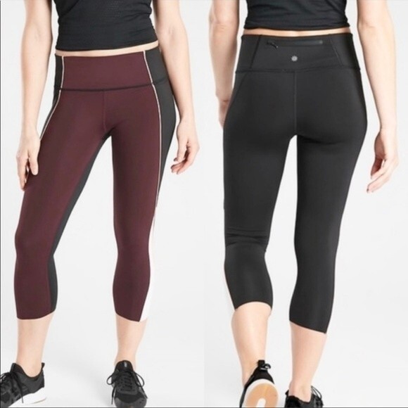 Athleta Velocity Stash Pocket Colorblock Capri in Antique Burgundy/Black S - Picture 1 of 15